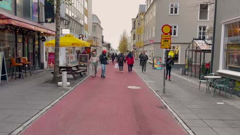 Belebte-Straßenszene-In-Reykjavik-Mit-Fußgängern-Und-Geschäften
