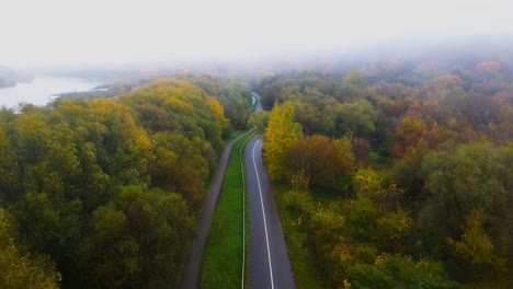 The-drone-shot-over-an-asphalt-road-passing-through-thick-vibrant-and-colorful-forest-alongside-the-river-in-the-foggy-morning