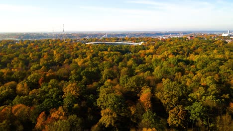 Drone-shot-of-a-Darius-and-Girenas-Stadium-in-Oak-Wood-Park-with-vibrant-colorful-trees-on-a-sunny-day-in-Kaunas-city-in-Lithuania-in-autumn,-fall-time