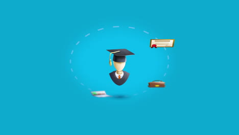 Graduation-and-education-elements-icon-animation-moving-around-a-figure-with-a-mortarboard,-graduation---diploma,-earth,-laptop,-bag-and-certificate-on-a-light-blue-background
