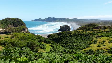 Panoramic-view-of-the-beach-at-cucao-in-tepuheico-park-with-a-forest-of-nalcas-,-Chiloe,-Chile
