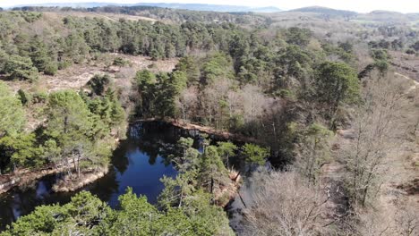 Aerial-Descending-Shot-Over-Bystock-Pools-Surrounded-by-Forest-Trees-In-Exmouth