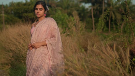 Woman-in-pink-saree-standing-contemplatively-in-golden-field,-soft-focus,-dusk-light