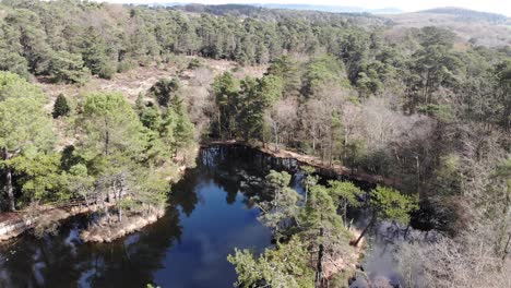 Aerial-View-Of-Forest-Woodland-Heathland-Beside-Bystock-Pools-In-Exmouth