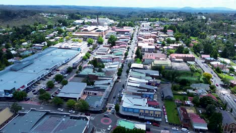 Aerial-drone-main-town-centre-CBD-commercial-shops-restaurants-roads-streets-Katoomba-street-roundabout-Blue-Mountains-Australia
