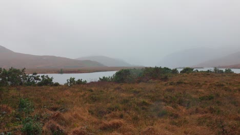 Panorama-of-the-Glenveagh-National-Park,-Ireland-on-a-foggy-day