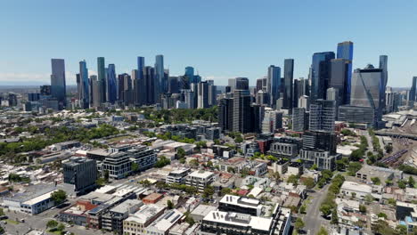 Melbourne-Victoria-Australia-arial-drone-video-of-CBD-from-west-Melbourne-showing-local-suburbs-and-skyline-tall-buildings