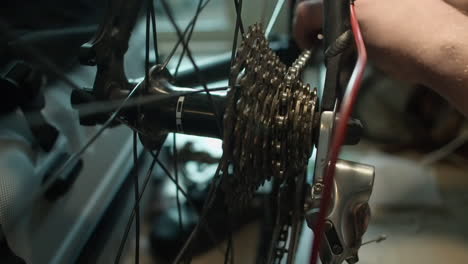 Bicycle-drive-train-chain-inspected-and-front-derailleur-adjusted
