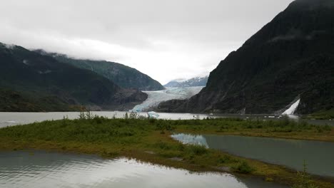 Mendenhall-Glacier-and-Lake,-with-Nugget-Falls-on-the-right