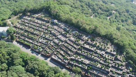 A-traditional-cemetery-in-Taiwan-with-rows-of-graves-amidst-greenery,-Aerial
