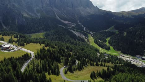 Backward-drone-shot-of-The-Great-Dolomites-road-in-Italy