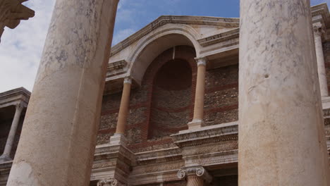 Looking-up-at-the-ancient-Gymnasium-through-pillars-in-Sardis