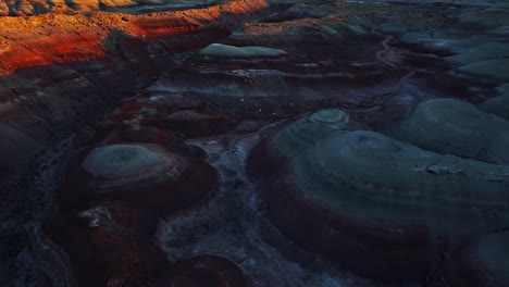 Abstract-shapes-and-colorful-texture-at-Bentonite-hills-at-twilight-in-Utah,-USA