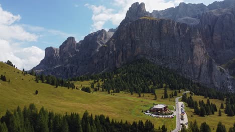 Forward-drone-shot-of-The-Great-Dolomites-road-in-Italy-durin-summer