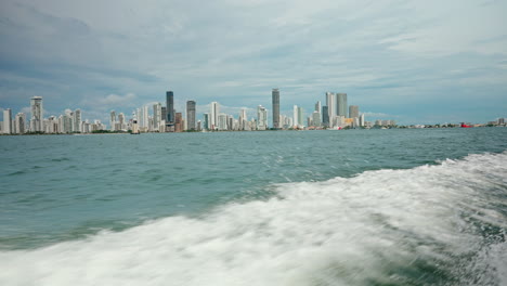 Wide-view-of-Cartagena's-new-city-skyscrapers-from-a-speeding-boat-prospective