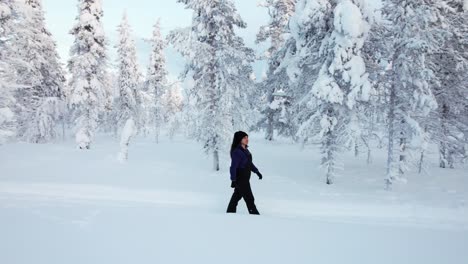 Girl-Takes-a-Stroll,-Exploring-On-A-Snowy-Path-in-Lapland,-Finland,-Arctic-Circle