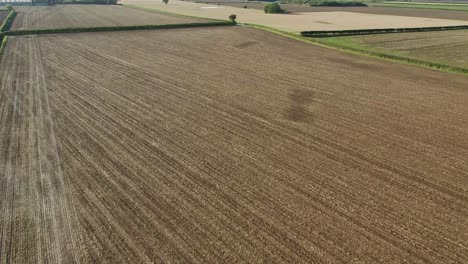 Drone-footage-flying-over-a-ploughed,-brown-field-close-to-hedgerows-and-a-farm-track-in-North-Yorkshire,-UK-on-a-beautiful,-crisp-autumn-morning