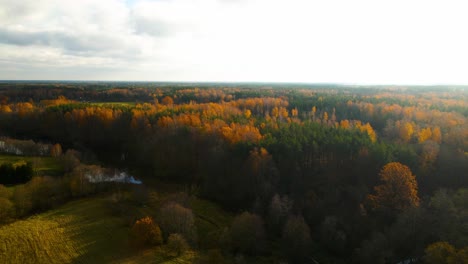 Drone-shot-of-green-fields-and-dense,-vibrant-and-colorful-autumn-woods-on-the-Lesse-River-at-sunset,-Belgium,-zoom-out