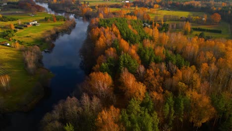 Aerial-shot-of-green-fields-and-dense,-vibrant-and-colorful-autumn-woods-on-the-Lesse-River-at-sunset,-Belgium