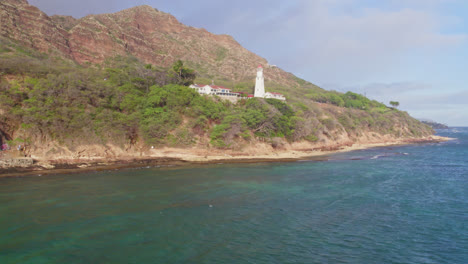aerial-footage-from-the-blue-waters-of-the-Pacific-ocean-of-Diamond-Head-lighthouse-on-Oahu-Hawaii-on-a-sunny-day