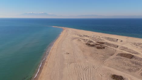 Aerial-view-of-the-sand-nose-of-Epanomi-beach-in-northern-Greece