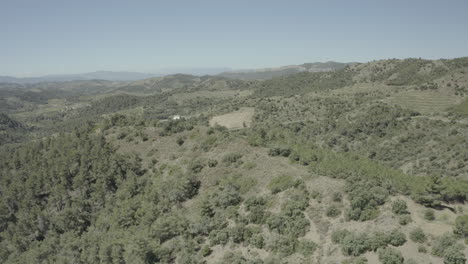 Drone-shot-over-green-dry-mountains-in-France-on-a-sunny-day-with-trees-in-the-rolling-hills-LOG
