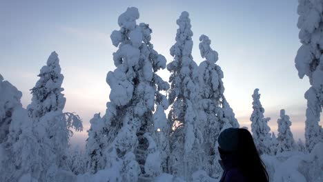 Niña-Caminando-Y-Explorando-Enormes-árboles-Cubiertos-De-Nieve-En-Laponia,-Finlandia,-Círculo-Polar-ártico