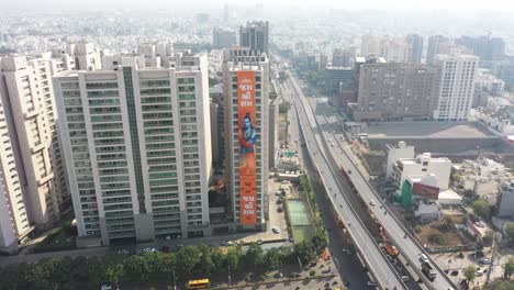 Rajkot-aerial-drone-view-silver-hights-building-A-big-Jai-Shri-Ram-banner-is-visible-between-the-big-buildings-on-this-side