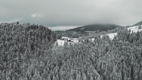-Drone-footage-of-Winter-Carpathian-Mountains,-Sinaia-Romania