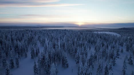 Drone-Flies-Over-Vast-Wintery-Landscape-at-Dusk-in-Lapland,-Finland,-Arctic-Circle