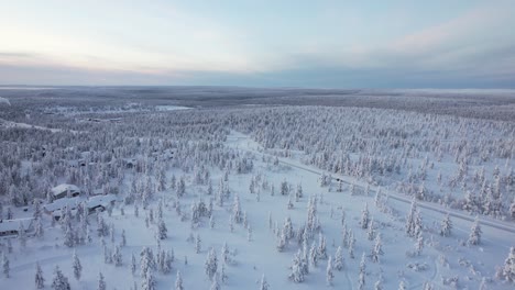 Luftdrohnen-Spiralpfanne-Der-Arktischen-Waldlandschaft-In-Finnland