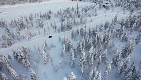 Aerial-of-Car-Driving-In-Winter-Wonderland-in-Lapland,-Finland,-Arctic-Circle