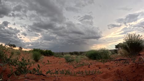 Dieser-Zeitraffer-Fängt-Den-Anmutigen-Tanz-Der-Wolken-Und-Einen-Sturm-Ein,-Der-Sich-über-Der-Trockenen-Afrikanischen-Landschaft-Der-Südlichen-Kalahari-Wüste-Aufbaut