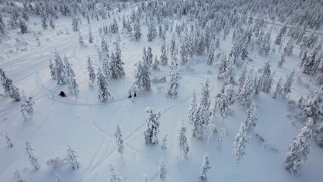 Aerial-View-Of-Snowmobilers-in-Lapland,-Finland,-Arctic-Circle
