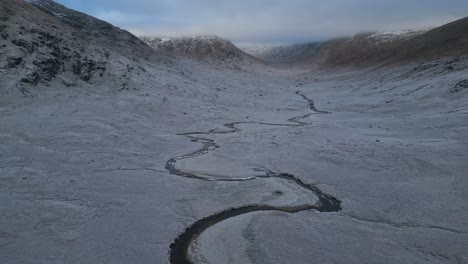 Glen-Kingie-Scotland-mountains-with-frost-and-snow-in-winter-aerial