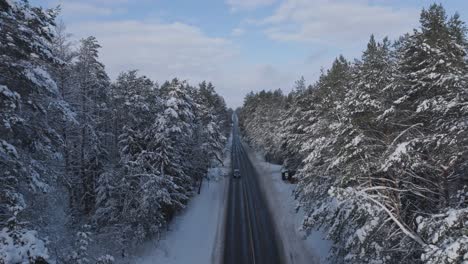 Die-Drohnenansicht-Fängt-Die-Ruhige-Fahrt-Eines-Fahrzeugs-Auf-Einer-Schneebedeckten-Straße-Inmitten-Der-Unberührten-Baltischen-Waldlandschaft-Ein