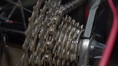 Bicycle-rear-wheel-spins-slowly-in-shop,-rear-cassette-to-be-cleaned