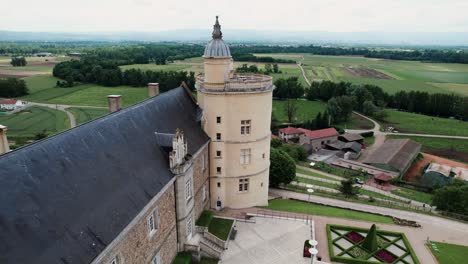 drone-shot-over-the-Chateau-de-Boutheon-in-Andrezieux-Boutheon-in-the-forez-region,-Loire-departement,-Auvergne-Rhone-alpes,-France