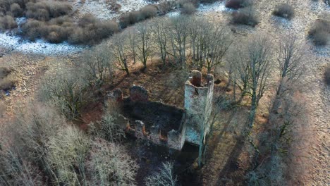 Aerial-view-of-old-church-bell-tower-and-wall-remains-among-bare-trees