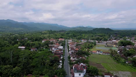Aerial-view-of-a-straight-road-that-leads-directly-to-Borobudur-Temple