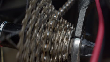 Narrow-focus-close-up:-Bicycle-rear-sprocket-while-shifting-bike-gears