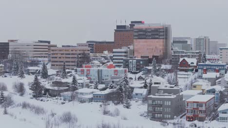 Downtown-Anchorage-Alaska-after-Snowstorm,-drone-establishing-shot