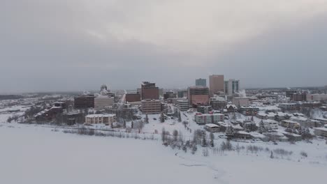Anchorage-Alaska,-overcast-winter-day,-drone-establishing-shot