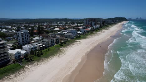 Palm-Beach-With-Burleigh-Heads-And-Surfers-Paradise-In-Background---Southern-Gold-Coast,-Queensland,-QLD---Australia---Drone-Shot