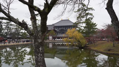 Reflective-pond-with-autumn-trees-framing-Tōdai-ji-Temple,-Nara,-Japan,-overcast-sky