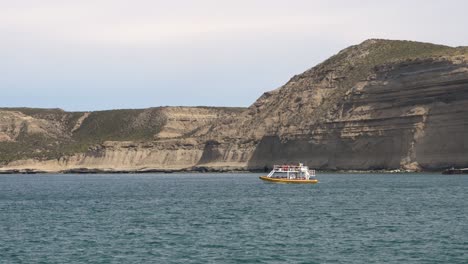 Ausflugsboot-In-Der-Nähe-Der-Klippen-Von-Puerto-Pirámides,-Argentinien