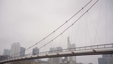 A-pedestrian-bridge-with-a-bird-overlooking-the-Frankfurt-skyline-on-an-overcast-day