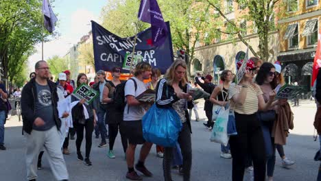 Diverse-group-marches-in-environmental-protest-with-banners,-daytime,-timelapse