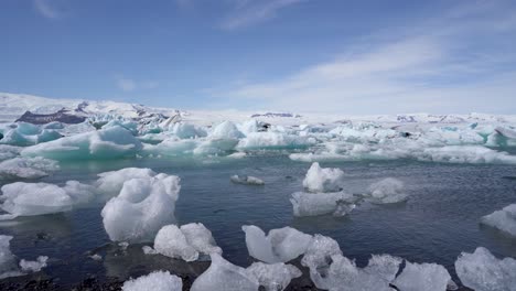 Paisaje-Helado-De-La-Laguna-Glaciar-Jökulsárlón-En-Islandia-Con-Icebergs-Azules-Vivos-Flotando-Y-Cielos-Despejados