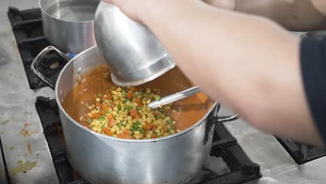 Adding-diced-mixed-vegetables-to-simmering-soup-in-a-large-pot-on-a-stove,-cooking-process